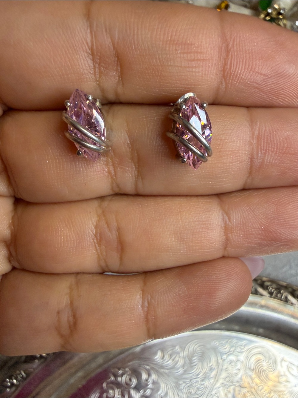 Sterling silver 925 . Pink zirconia Marquise Stud Earrings. 2.9 gr.